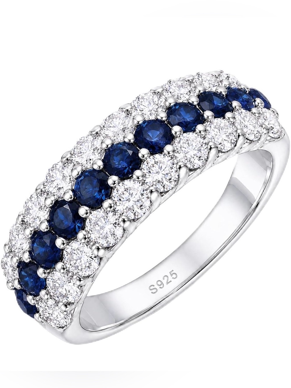 Blue Sapphire and Moissanite 3 Row 925 Sterling Silver Rhodium Plated Ring 6 7 8